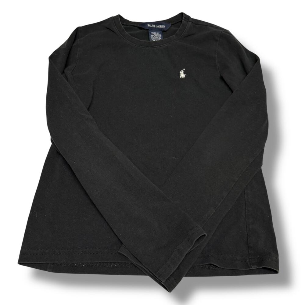 Ralph‎ Lauren Girls Black Long Sleeve Knit Top Size M 8 10 White Pony Stretch